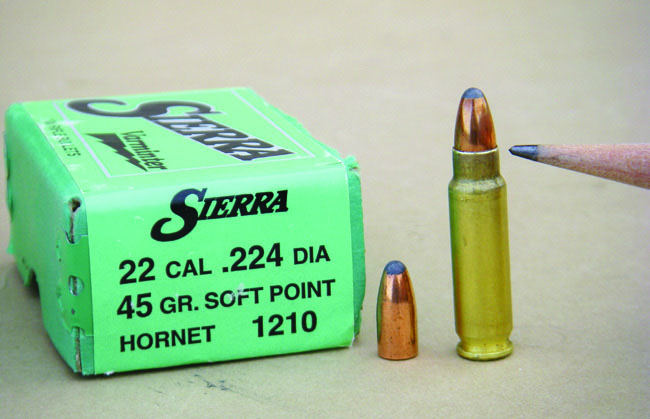 The Sierra 45-grain softpoint Hornet bullet does not have a crimp groove but should still receive a light to medium crimp.
